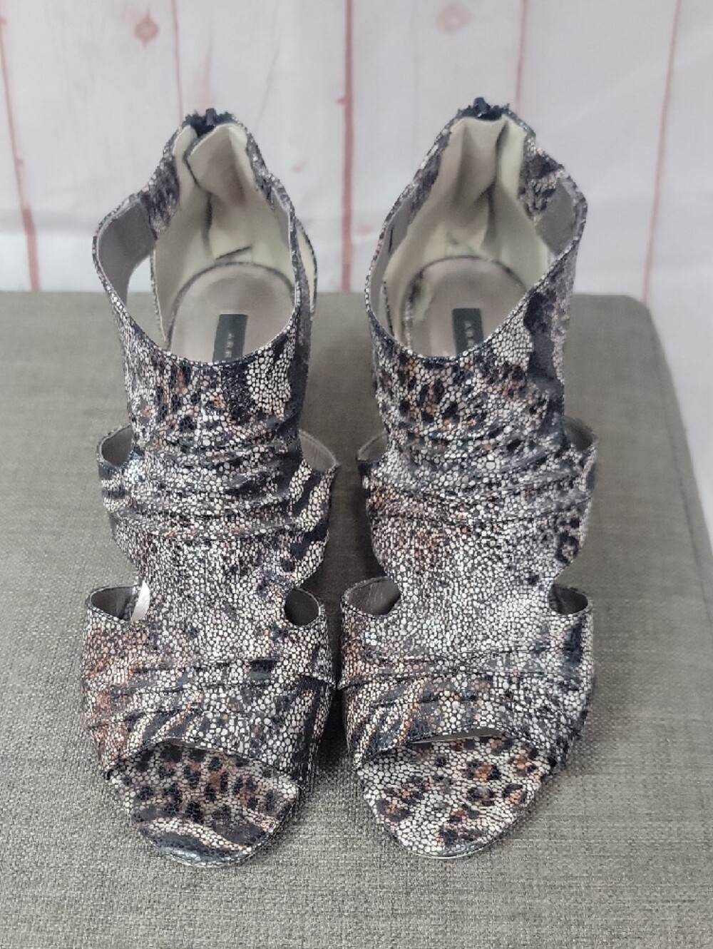 Array Women's Snake-Print Peep-Toe Heels in Black and Brown Tones - Picture 4 of 7